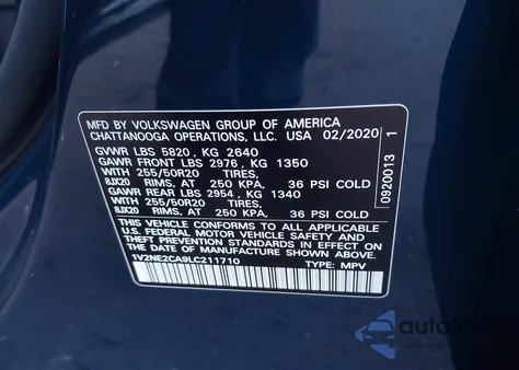 2020 Volkswagen Atlas Cross Sport 3.6L V6 Sel Premium from USA, damaged, VIN 1V2NE2CA9LC211710